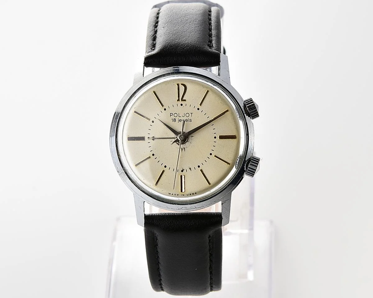 Excellent vintage Soviet mechanical watch Poljot with cream dial & alarm clock function