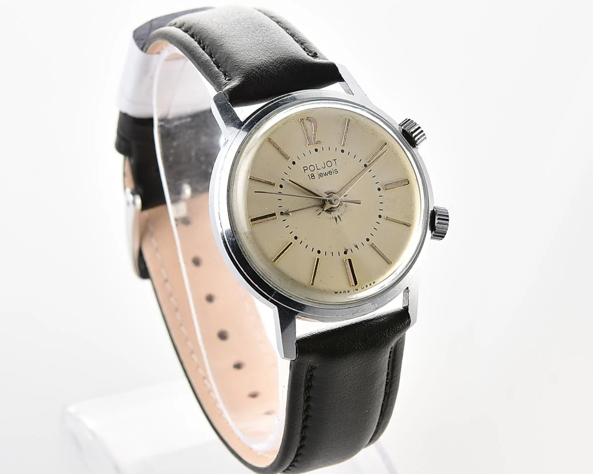 Excellent vintage Soviet mechanical watch Poljot with cream dial & alarm clock function
