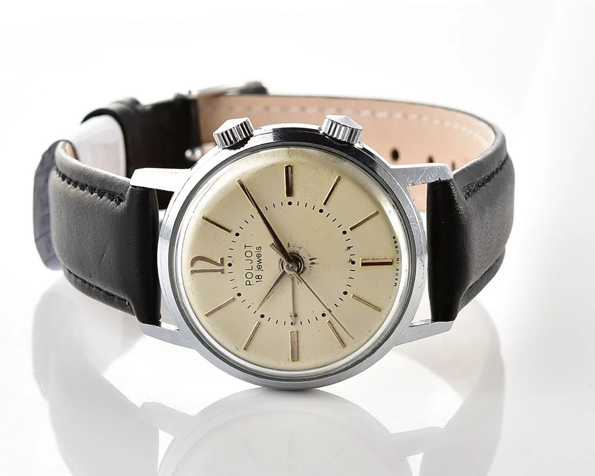 Excellent vintage Soviet mechanical watch Poljot with cream dial & alarm clock function