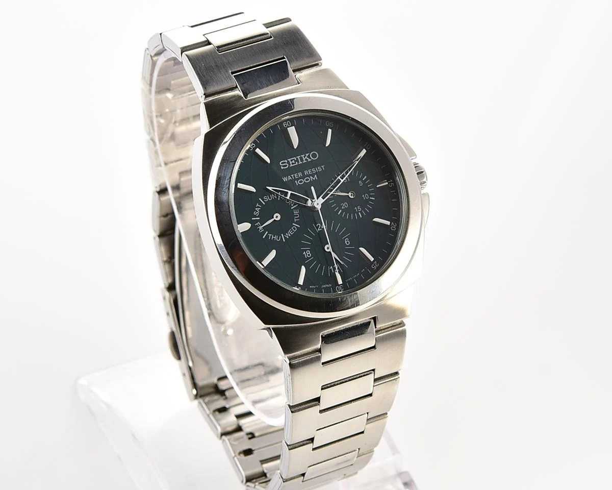 Vintage Seiko Multi-Calendar Quartz Watch with Deep Teal Globe Dial