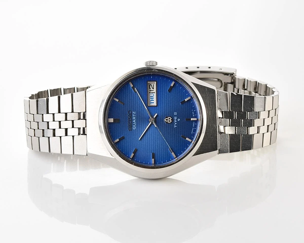SEIKO TYPE-Ⅱ 1976年 昭和レトロ 逸品 Vintage 1976 Seiko Type II Quartz with Electric Blue Linen Dial