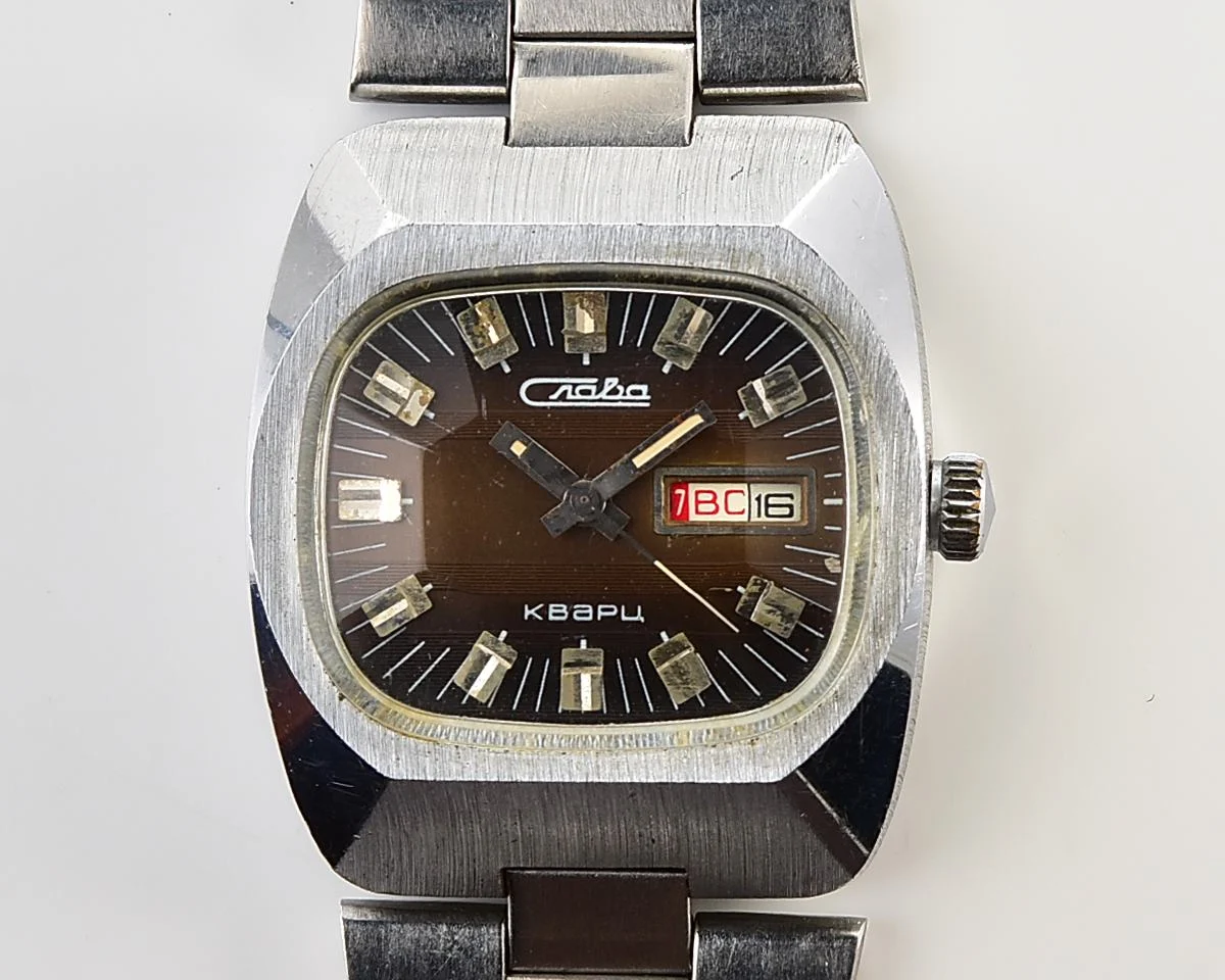 Vintage Soviet Slava quartz wristwatch with beautiful faceted crystal