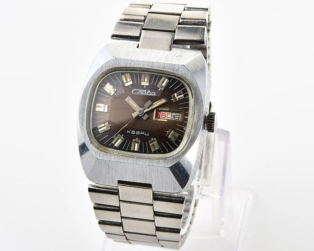 Vintage Soviet Slava quartz wristwatch with beautiful faceted crystal