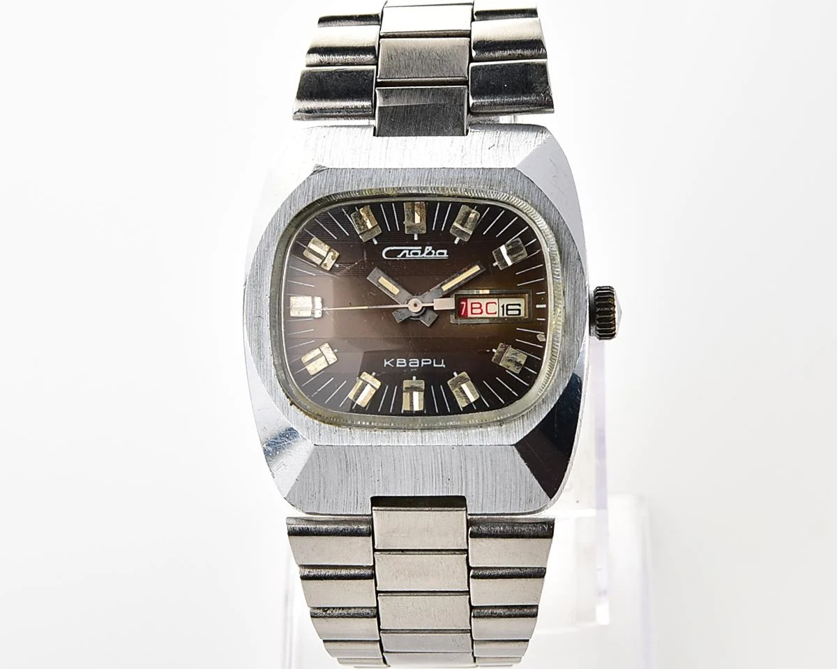Vintage Soviet Slava quartz wristwatch with beautiful faceted crystal