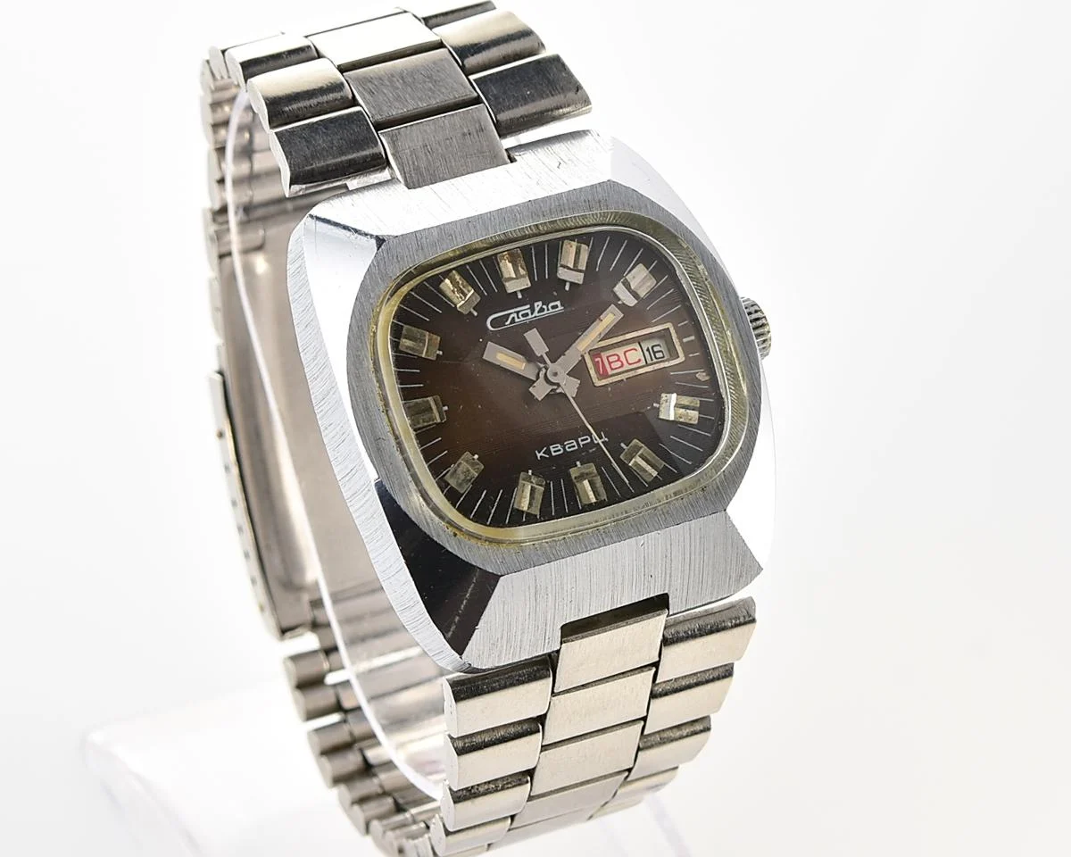 Vintage Soviet Slava quartz wristwatch with beautiful faceted crystal