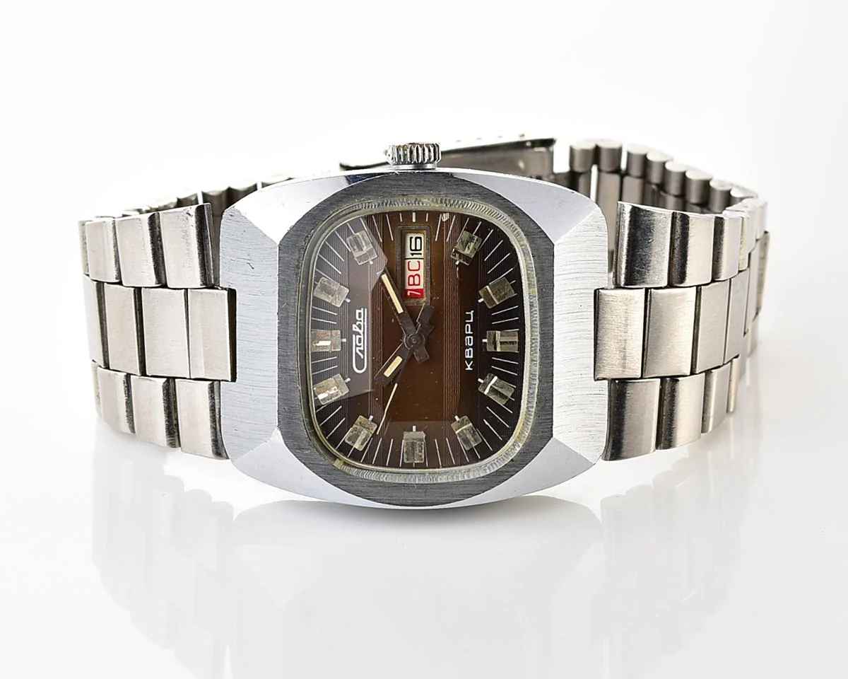Vintage Soviet Slava quartz wristwatch with beautiful faceted crystal