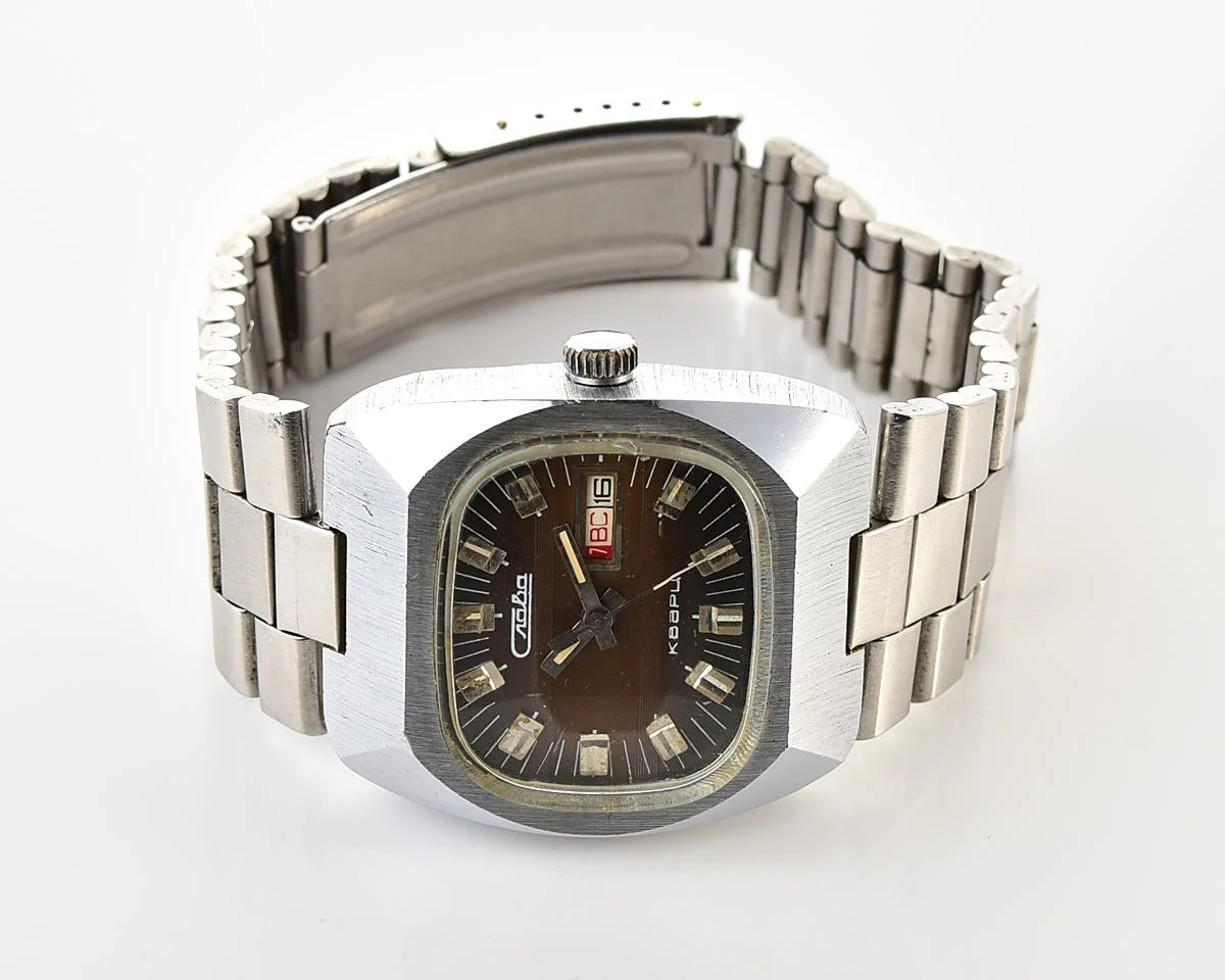 Vintage Soviet Slava quartz wristwatch with beautiful faceted crystal