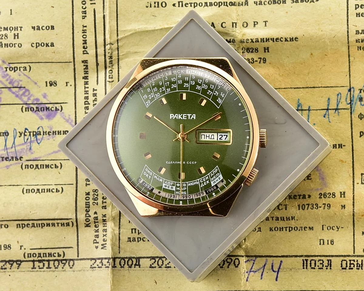 TIME CAPSULE: Vintage Soviet Raketa gold-plated perpetual calendar watch – New Old Stock (NOS)!