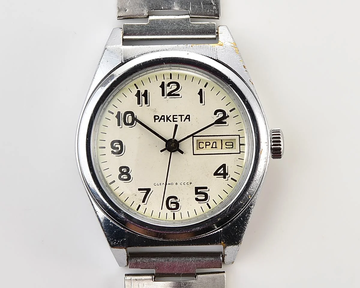Raketa vintage mechanical wristwatch with double calendar