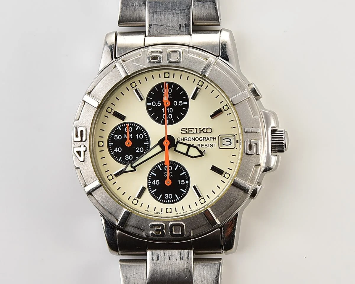 Vintage 2001 Seiko Chronograph - Rare Cream Panda Dial & Orange Hands