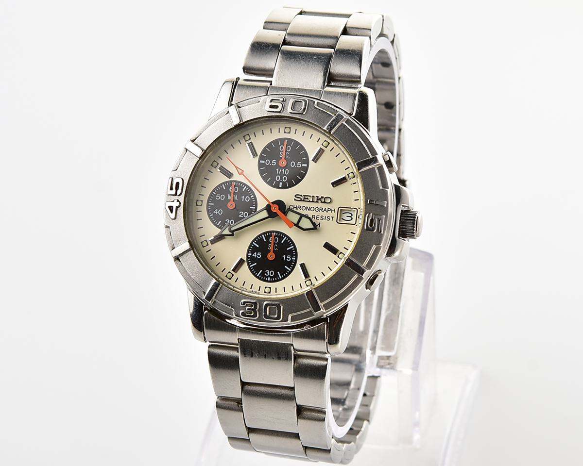 Vintage 2001 Seiko Chronograph - Rare Cream Panda Dial & Orange Hands