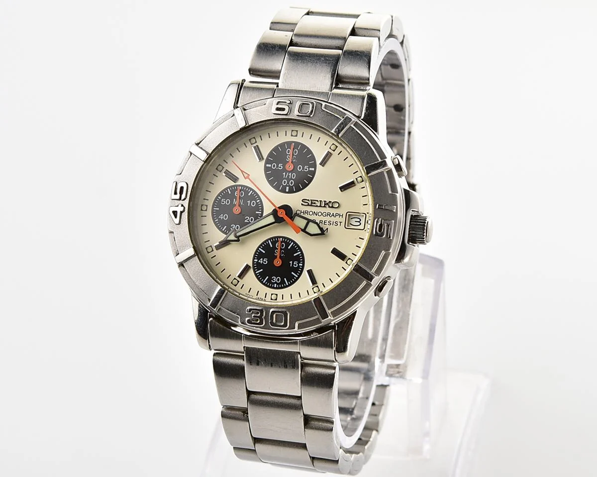Vintage 2001 Seiko Chronograph - Rare Cream Panda Dial & Orange Hands