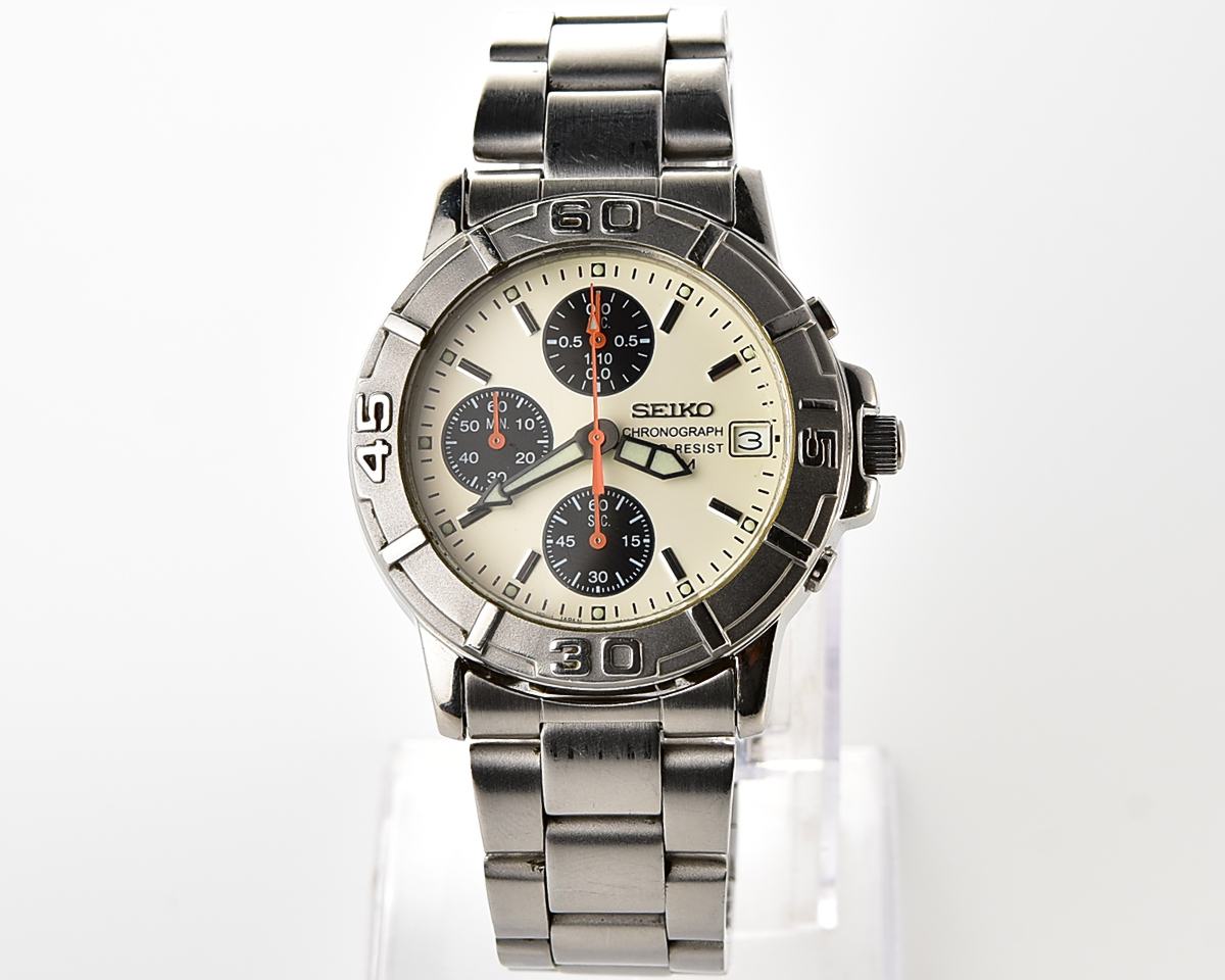 Vintage 2001 Seiko Chronograph - Rare Cream Panda Dial & Orange Hands