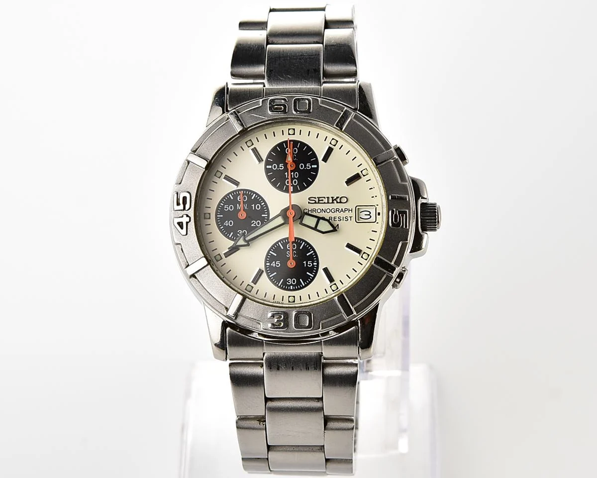 Vintage 2001 Seiko Chronograph - Rare Cream Panda Dial & Orange Hands