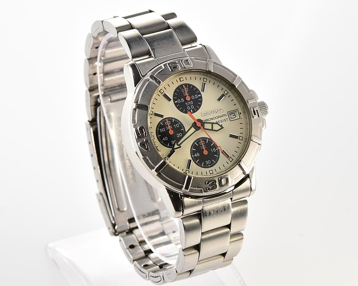 Vintage 2001 Seiko Chronograph - Rare Cream Panda Dial & Orange Hands