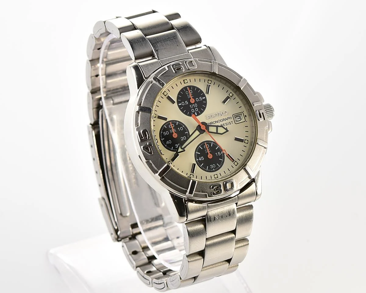 Vintage 2001 Seiko Chronograph - Rare Cream Panda Dial & Orange Hands