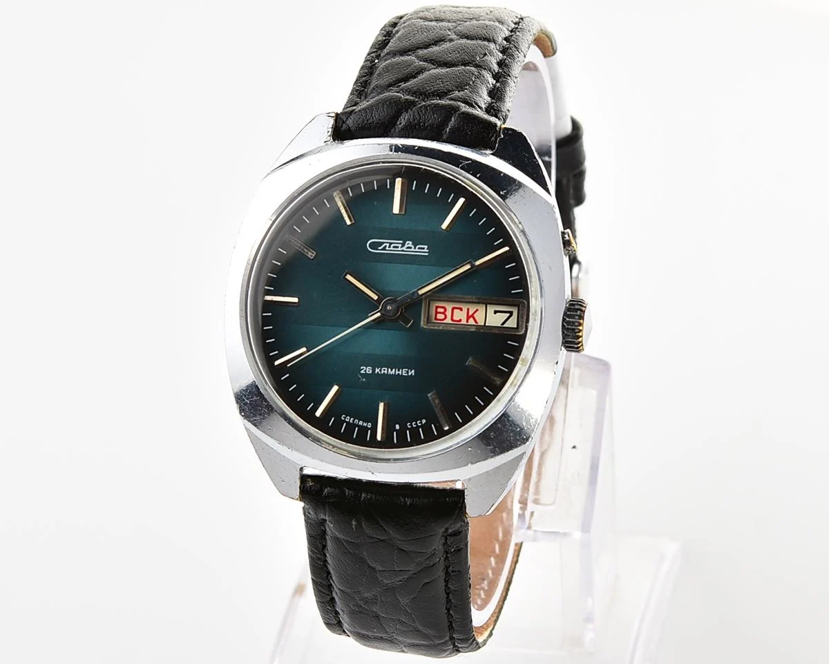 Excellent Soviet Slava vintage mechanical wristwatch with rare teal dial