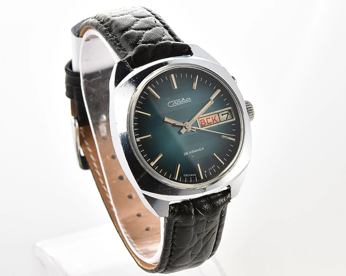 Excellent Soviet Slava vintage mechanical wristwatch with rare teal dial