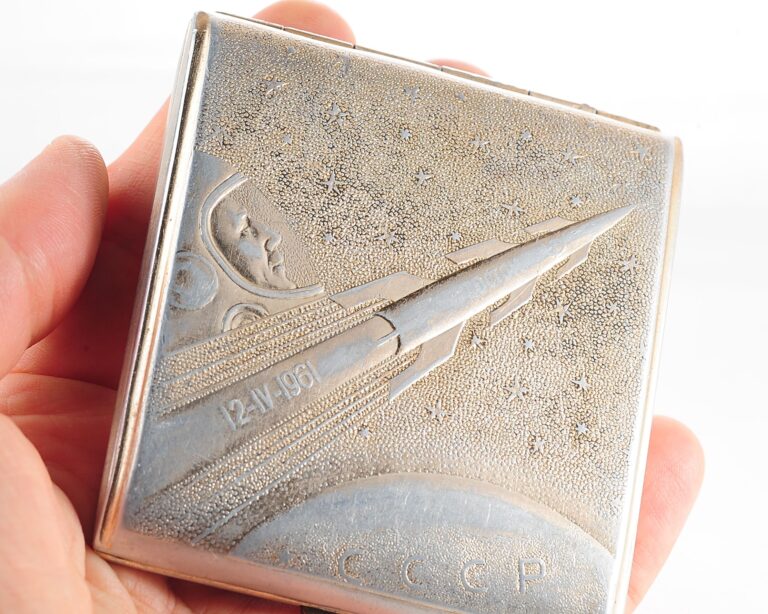 Vintage Space Rocket Vostok-1 metal cigarette box - soviet cosmos exploration era relic