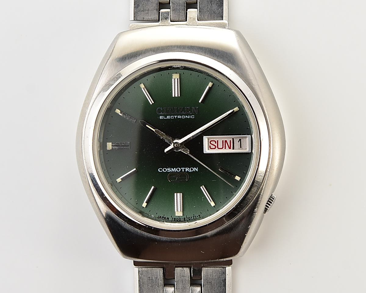 Vintage 1973 Citizen Cosmotron Electronic 7802A Hi-Beat JDM Watch - Deep Forest Green Dial with Original Jubilee-Style Signed Bracelet