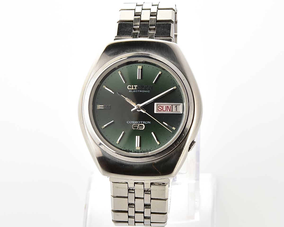 Vintage 1973 Citizen Cosmotron Electronic 7802A Hi-Beat JDM Watch - Deep Forest Green Dial with Original Jubilee-Style Signed Bracelet