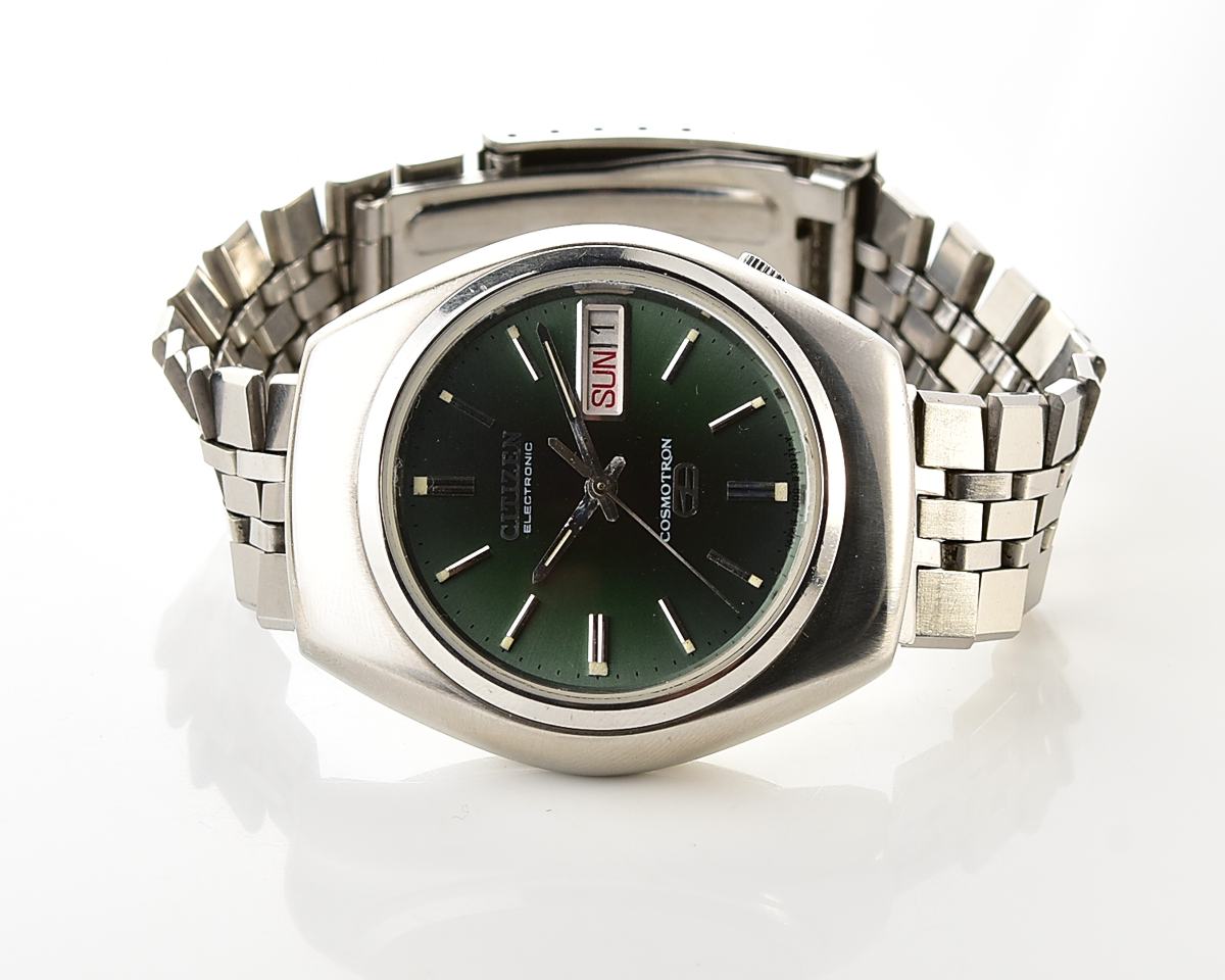 Vintage 1973 Citizen Cosmotron Electronic 7802A Hi-Beat JDM Watch - Deep Forest Green Dial with Original Jubilee-Style Signed Bracelet