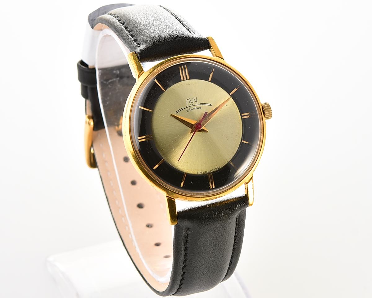 Soviet gold-plated vintage mechanical watch Luch with rare duotone dial!