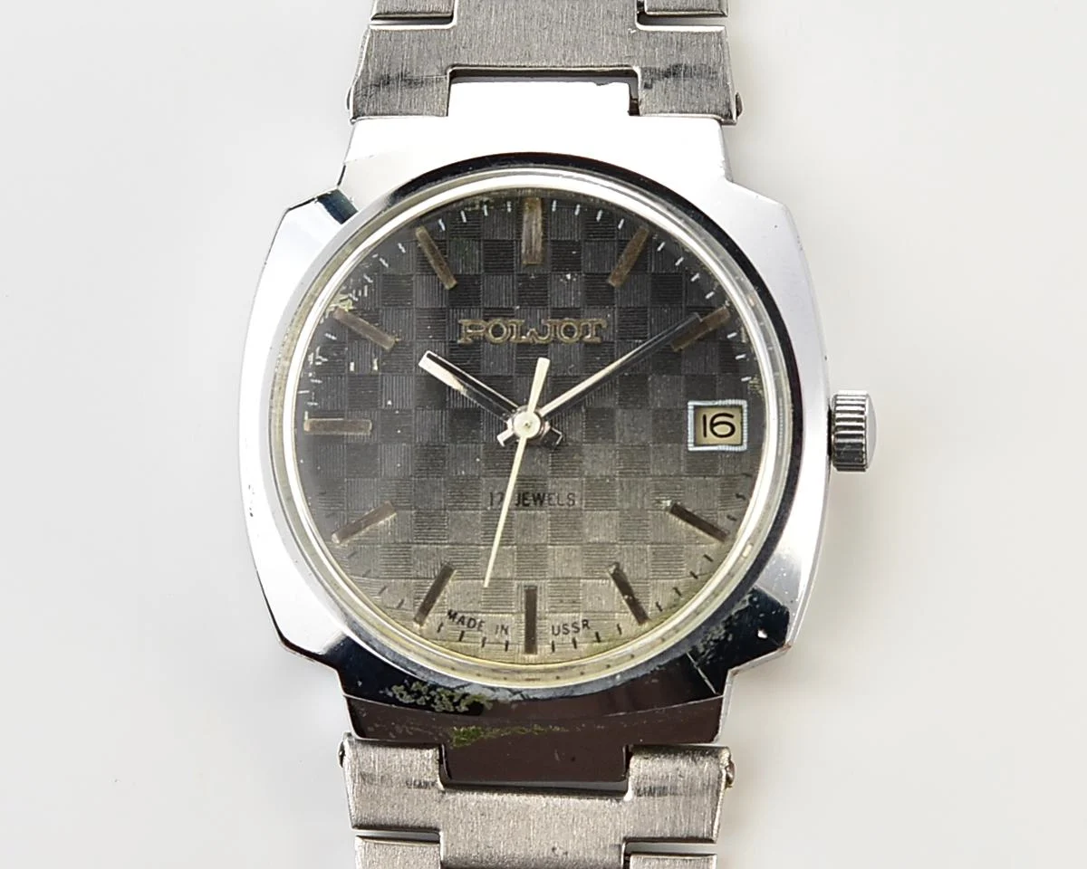 Vintage Soviet Poljot mechanical wristwatch with checked dial & stainless steel bracelet