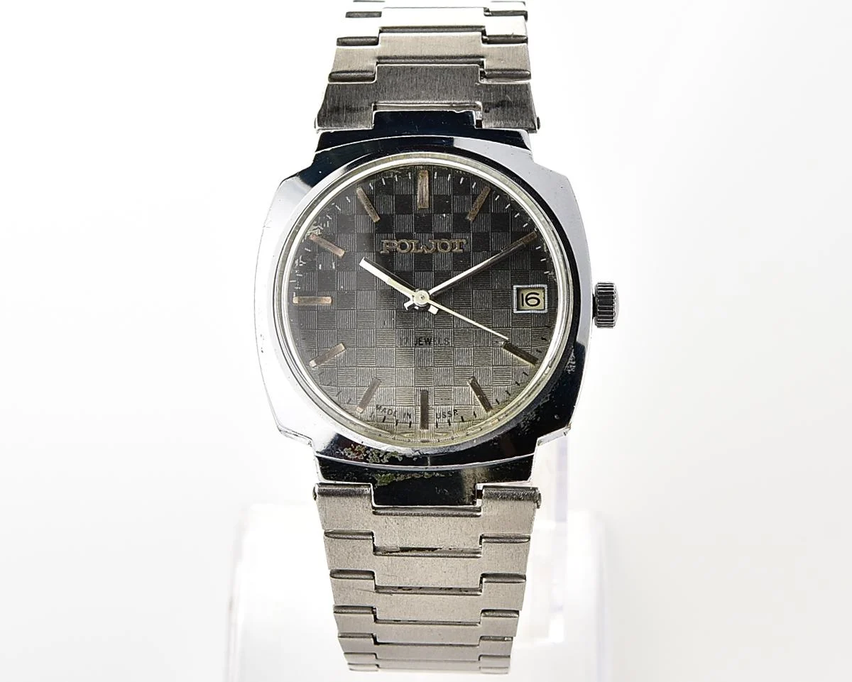 Vintage Soviet Poljot mechanical wristwatch with checked dial & stainless steel bracelet