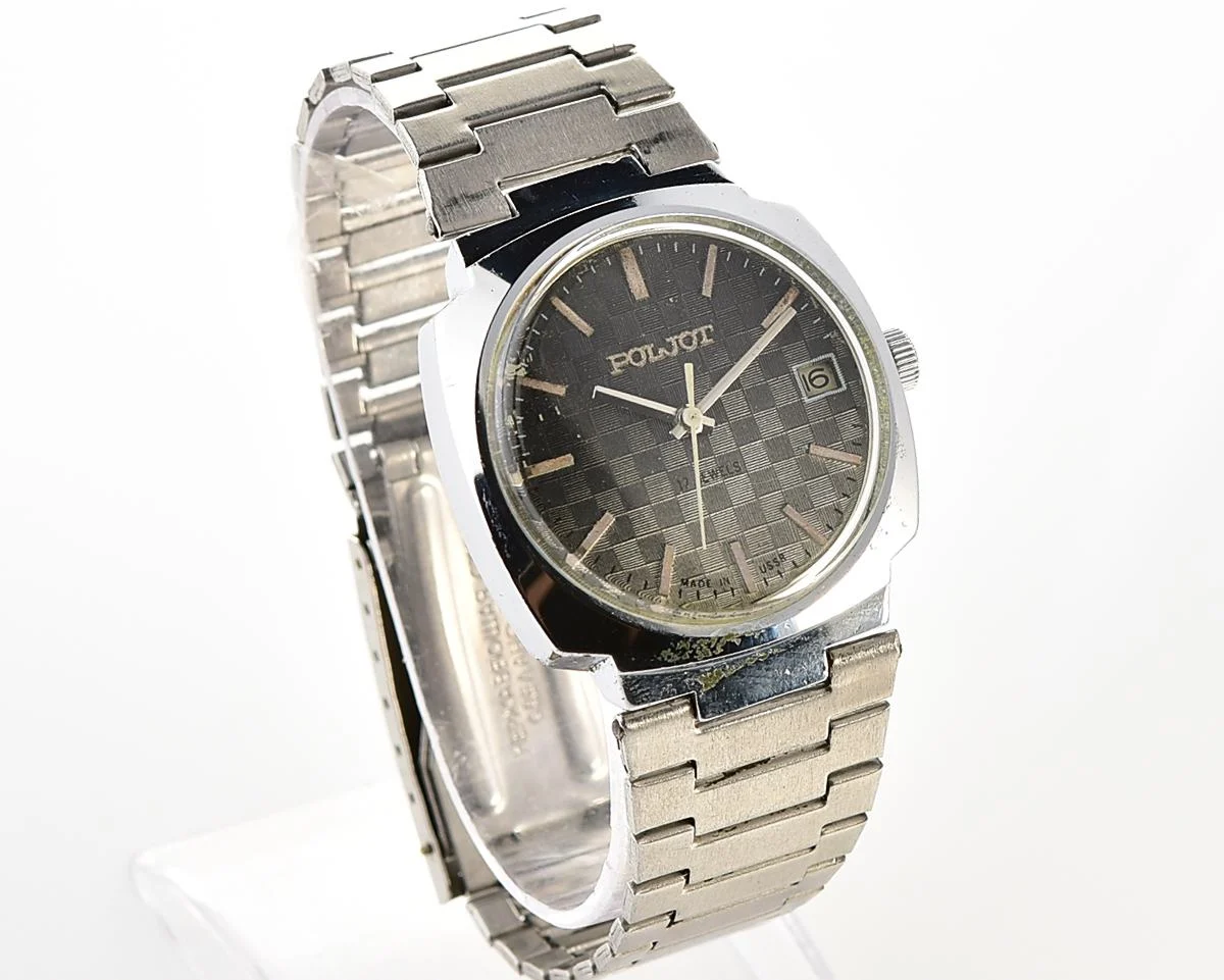 Vintage Soviet Poljot mechanical wristwatch with checked dial & stainless steel bracelet