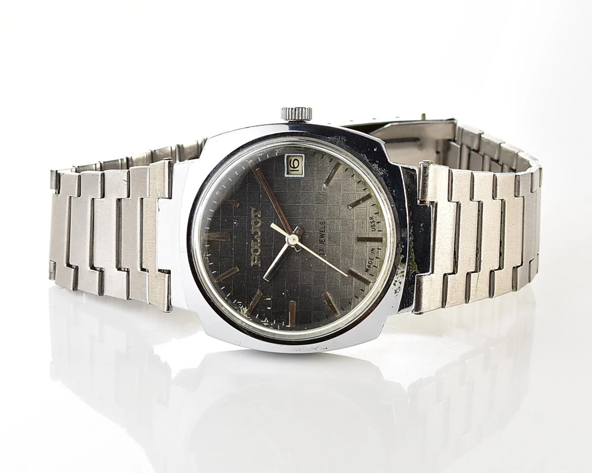 Vintage Soviet Poljot mechanical wristwatch with checked dial & stainless steel bracelet