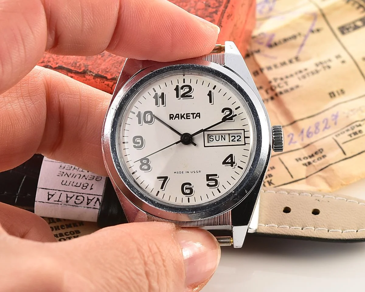 Raketa vintage mechanical wristwatch with double calendar
