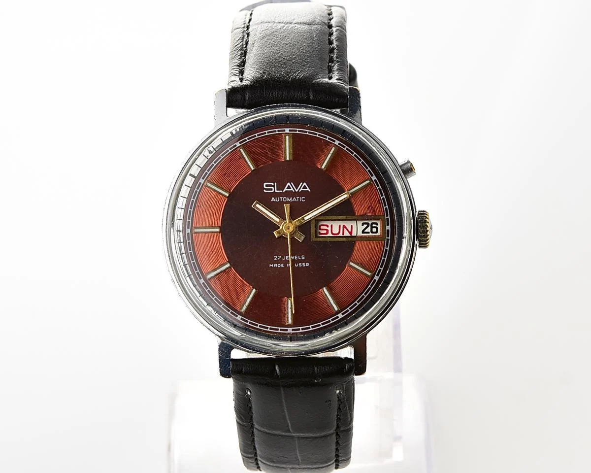 Slava Soviet mechanical self-winding vintage watch with beautiful rare "vortex" dial!