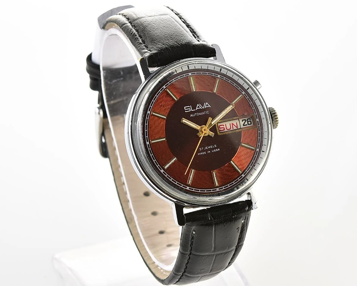 Slava Soviet mechanical self-winding vintage watch with beautiful rare "vortex" dial!