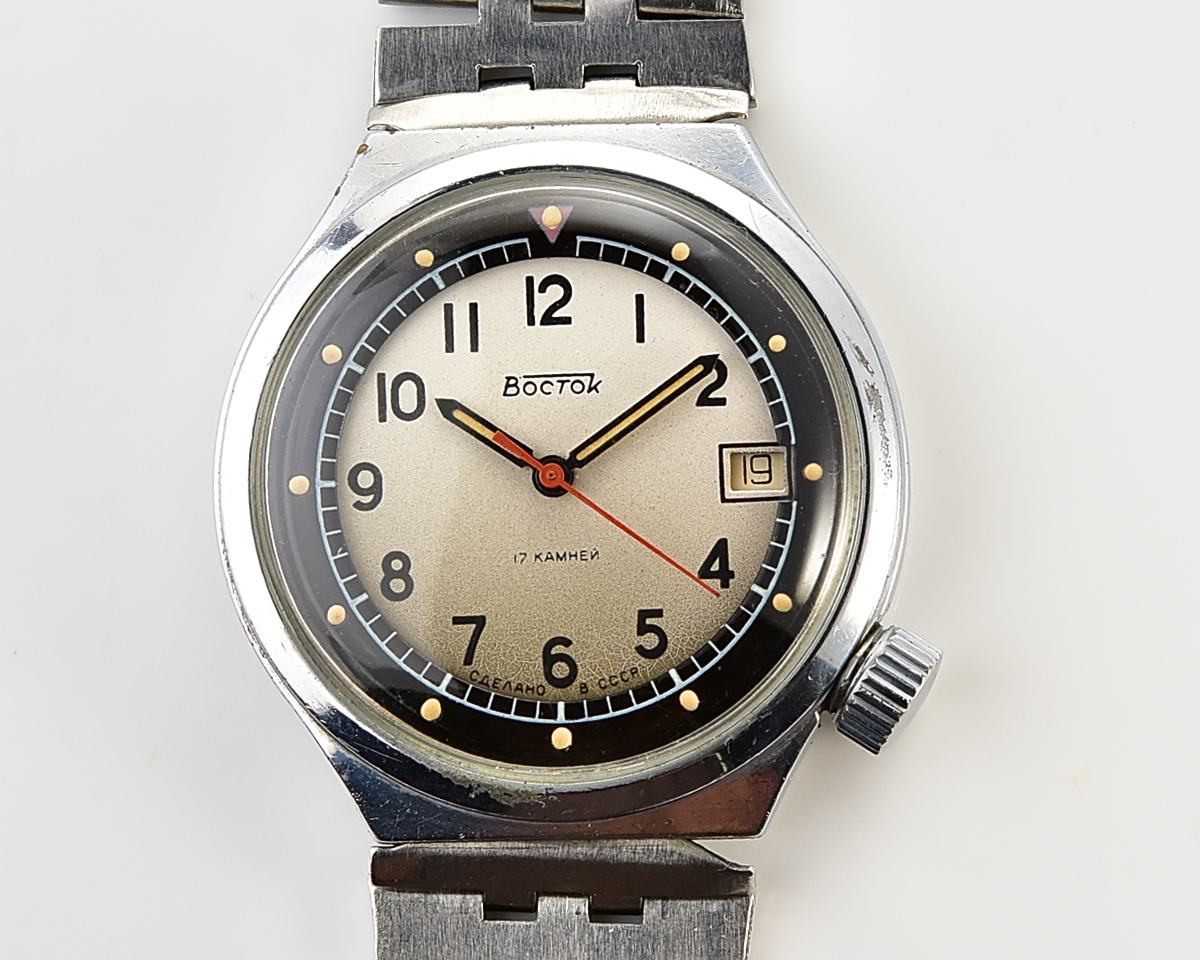 Uncommon domestic soviet mechanical Vostok with crown on 4 o'clock