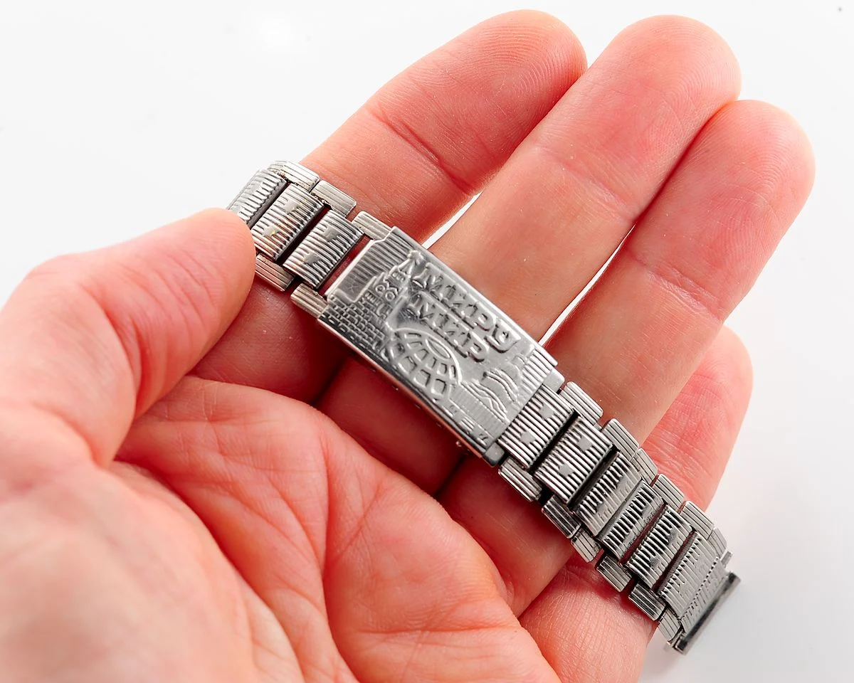 Vintage Soviet ornate stainless steel 14mm watch bracelet - USSR & USA Peace to the World!