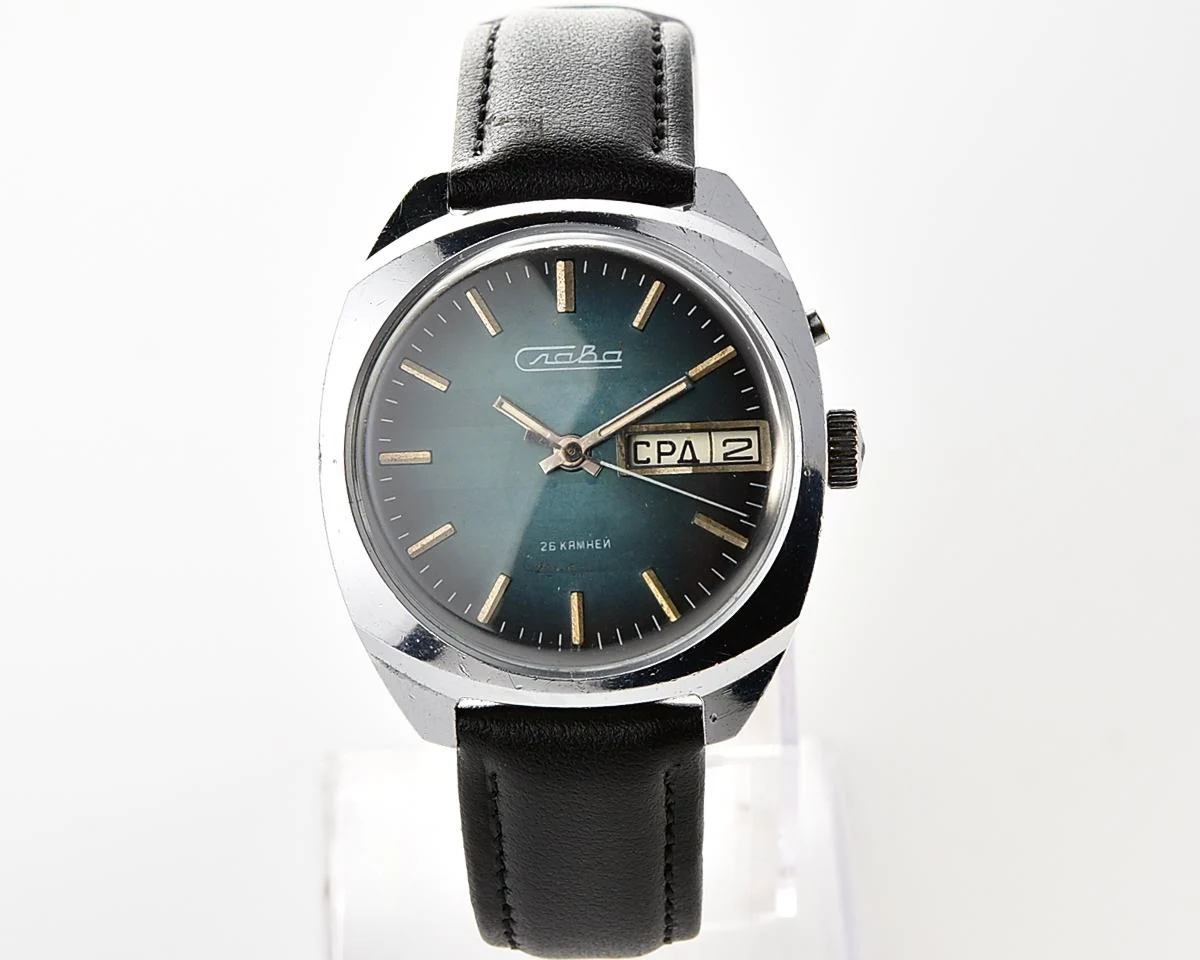 Excellent Soviet Slava vintage mechanical wristwatch with rare teal dial