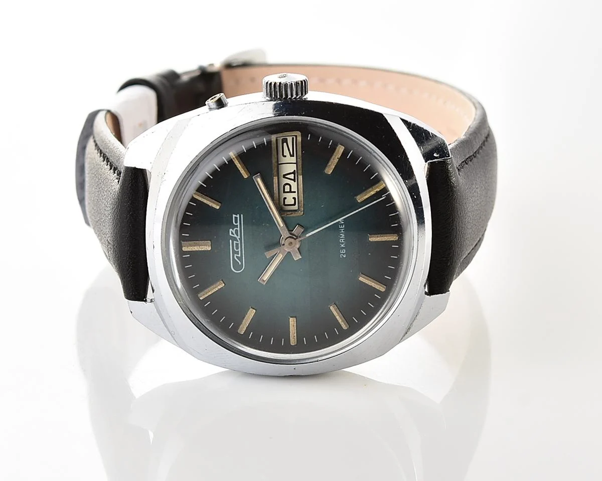 Excellent Soviet Slava vintage mechanical wristwatch with rare teal dial