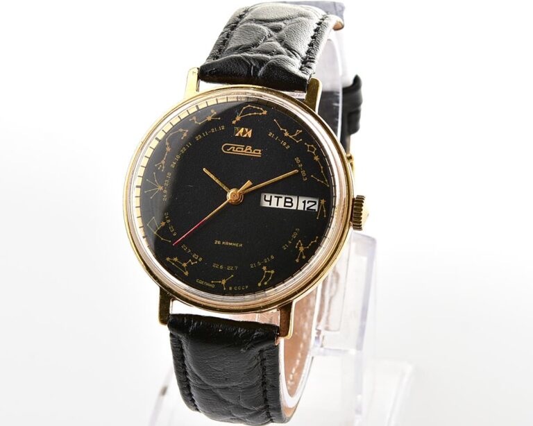 Soviet Slava gold plated mechanical wristwatch with Zodiak signs on the dial