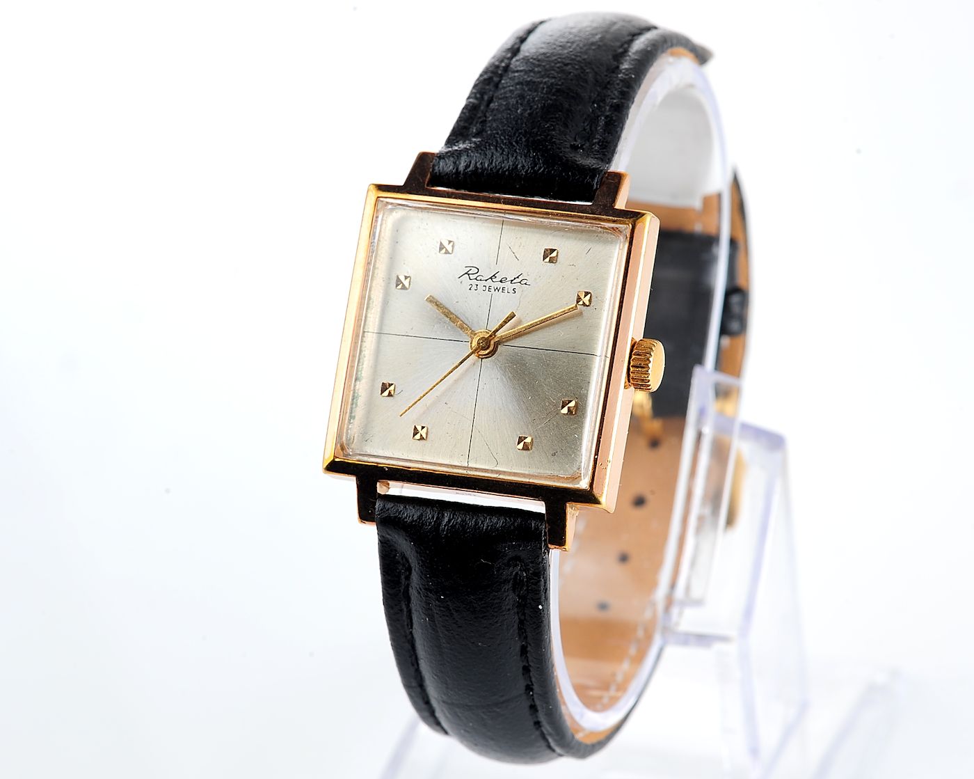 Soviet RAKETA gold-plated vintage wristwatch in uncommon square body
