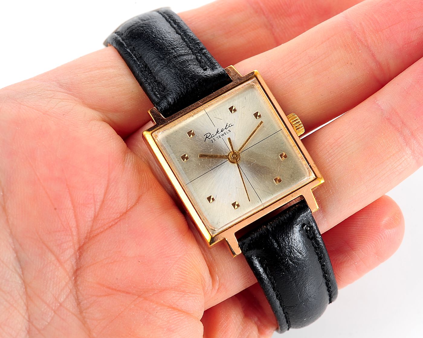 Soviet RAKETA gold-plated vintage wristwatch in uncommon square body