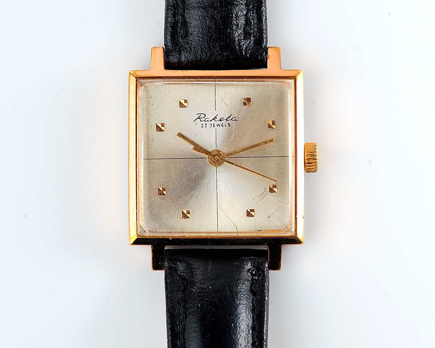 Soviet RAKETA gold-plated vintage wristwatch in uncommon square body