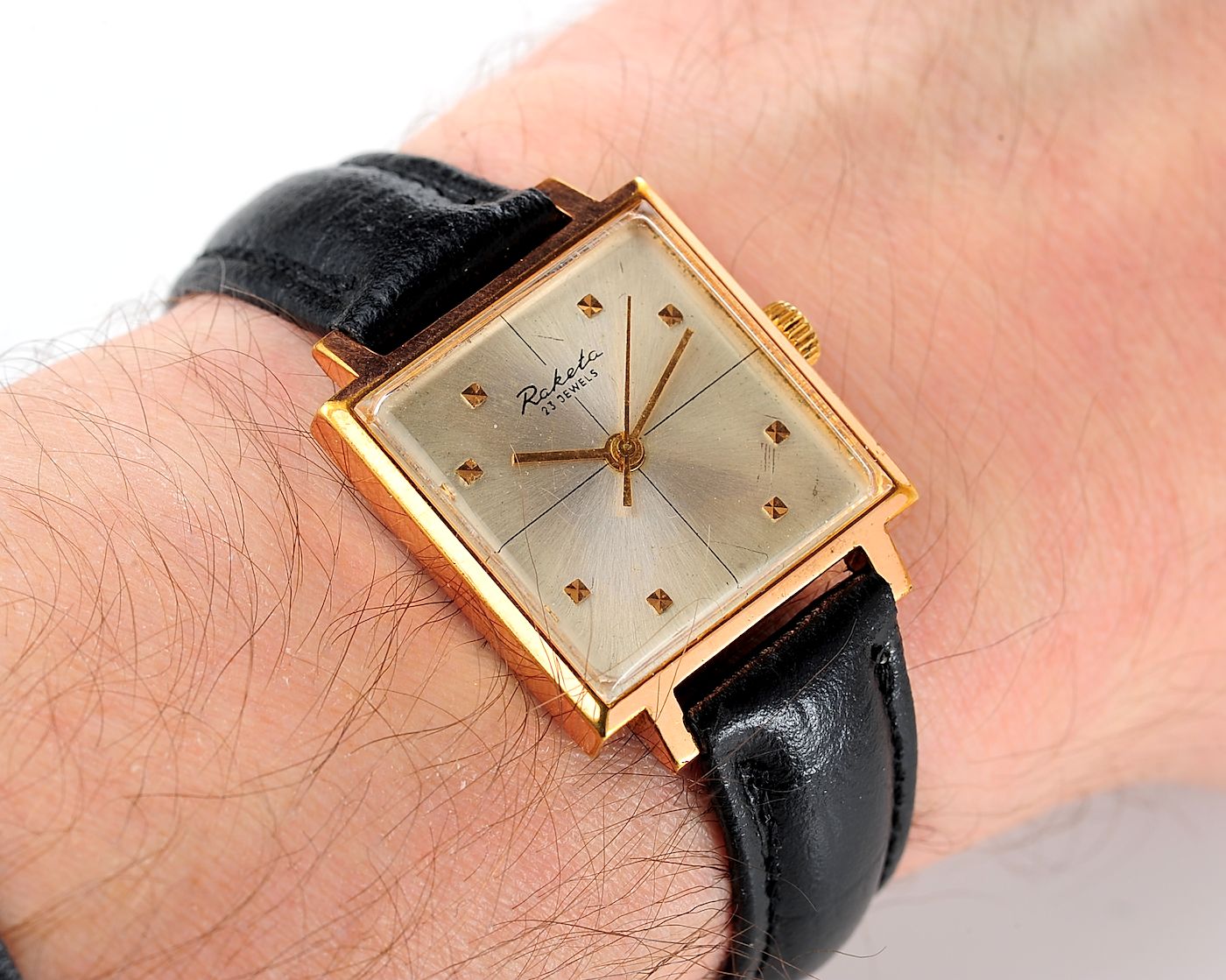 Soviet RAKETA gold-plated vintage wristwatch in uncommon square body