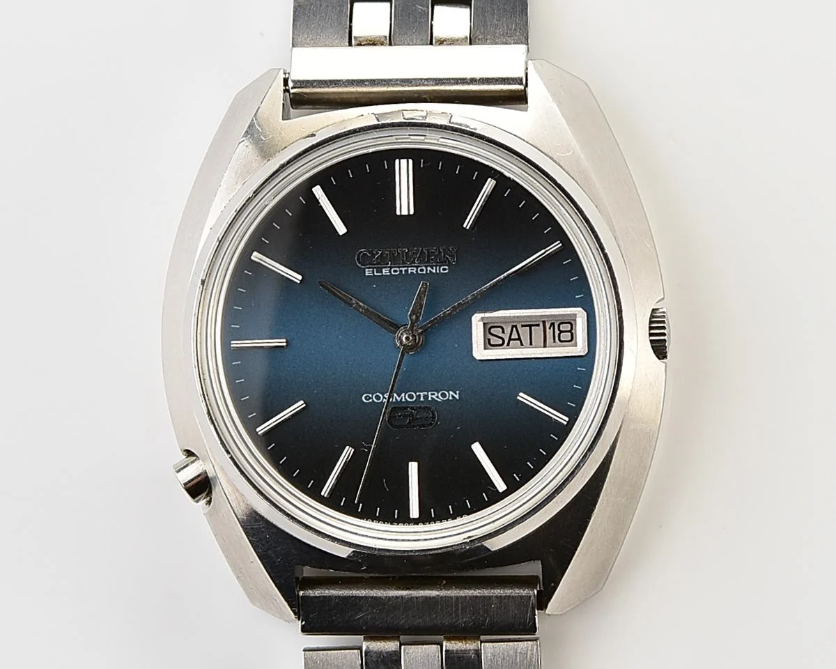 Rare 1972 Citizen Cosmotron Special 7803 Electronic Hi-Beat JDM Watch - Midnight Blue Gradient Dial, External Battery Hatch & Sync Pusher