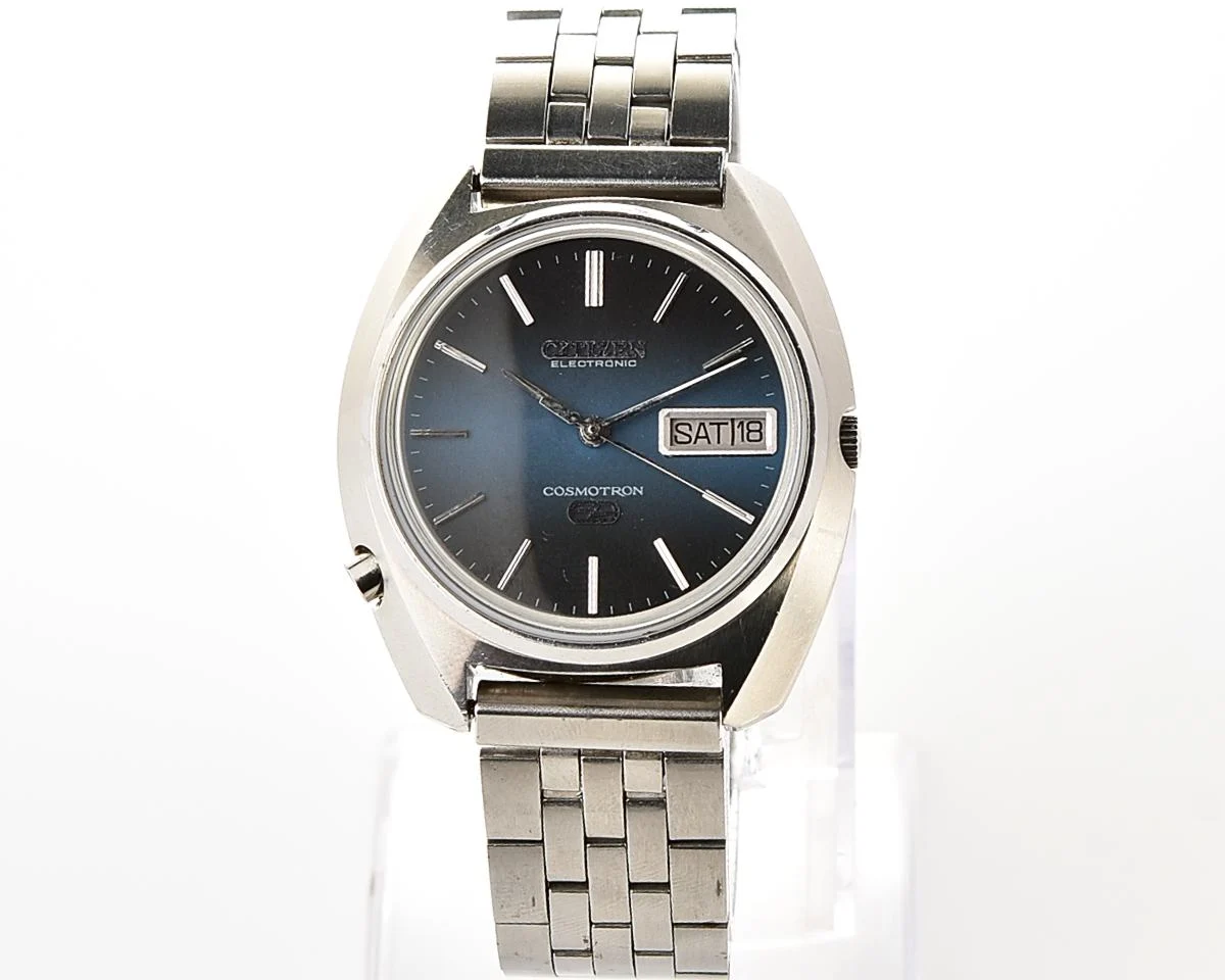 Rare 1972 Citizen Cosmotron Special 7803 Electronic Hi-Beat JDM Watch - Midnight Blue Gradient Dial, External Battery Hatch & Sync Pusher