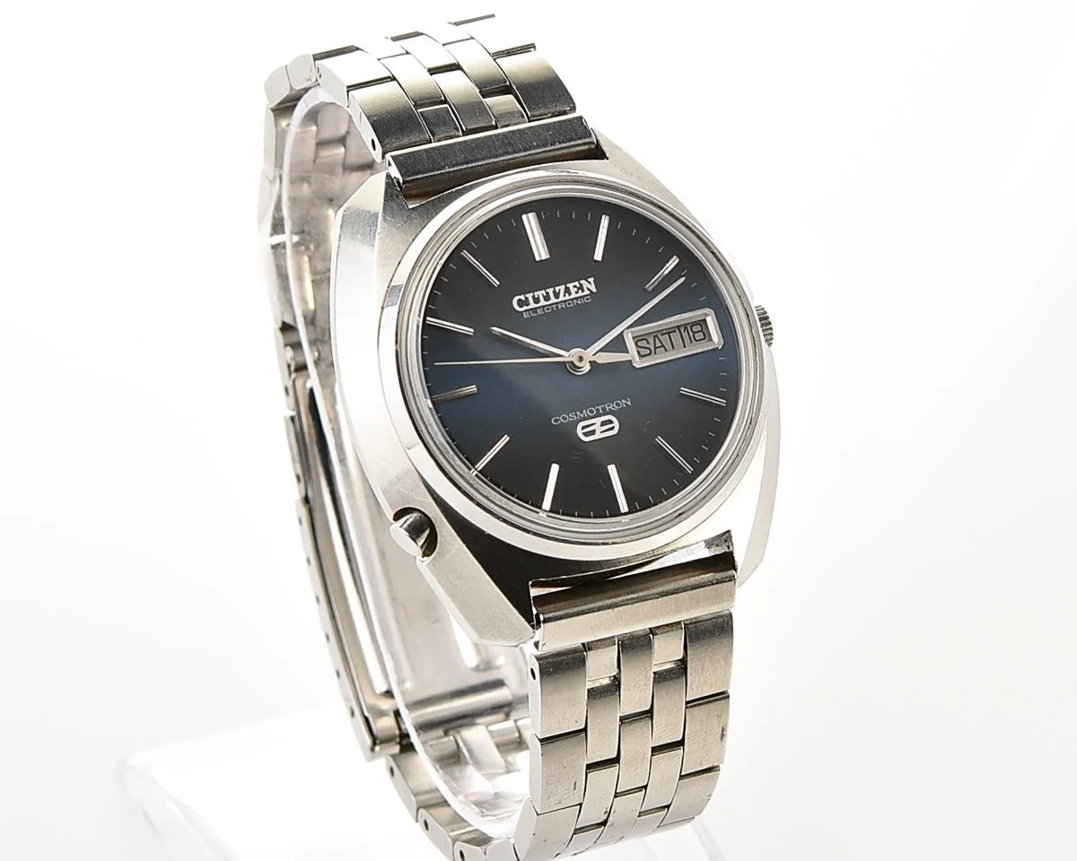 Rare 1972 Citizen Cosmotron Special 7803 Electronic Hi-Beat JDM Watch - Midnight Blue Gradient Dial, External Battery Hatch & Sync Pusher