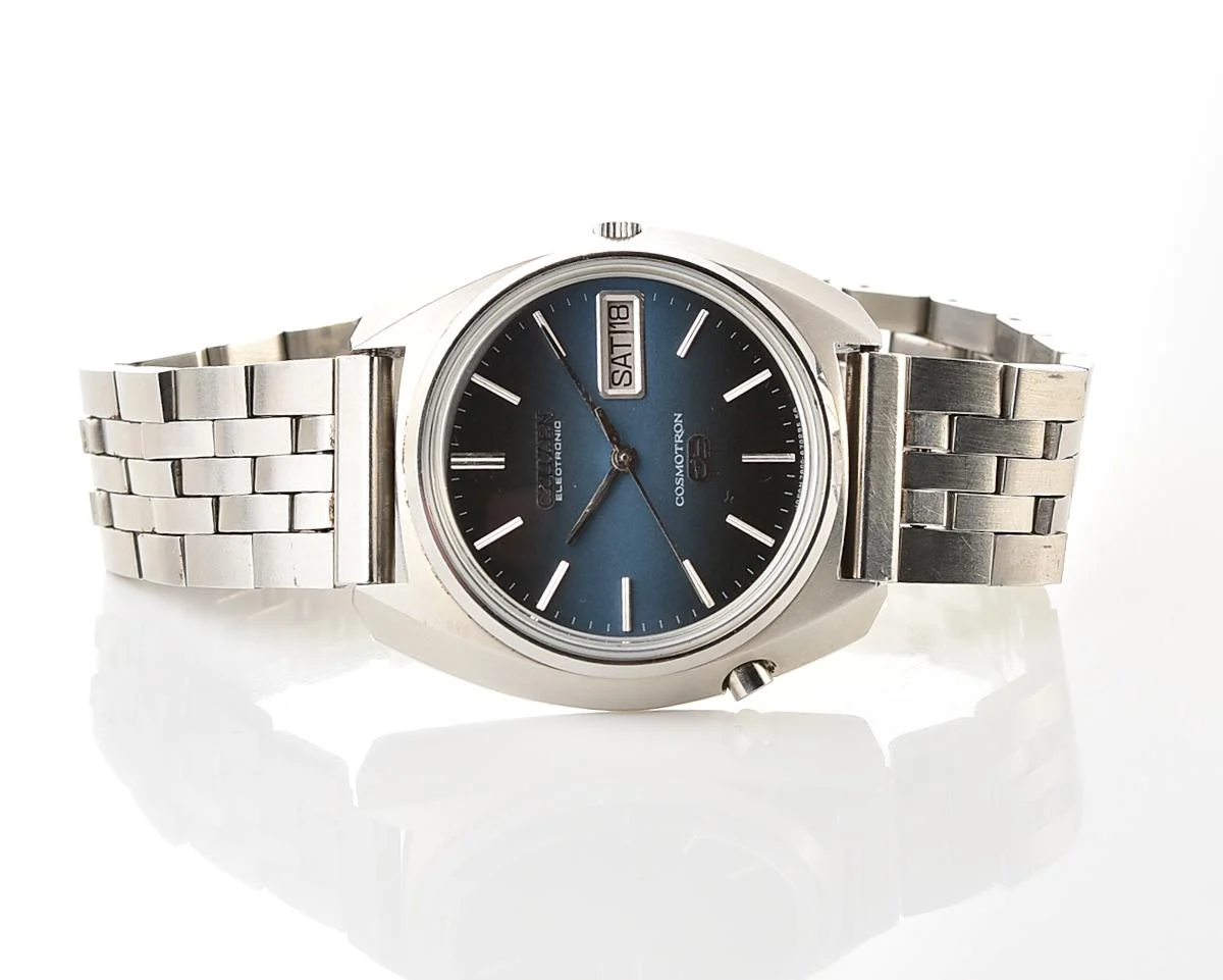 Rare 1972 Citizen Cosmotron Special 7803 Electronic Hi-Beat JDM Watch - Midnight Blue Gradient Dial, External Battery Hatch & Sync Pusher