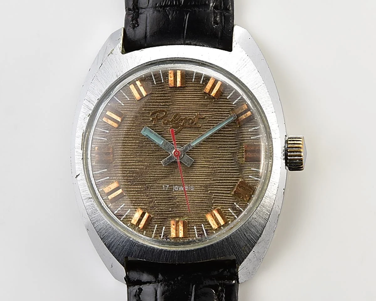 Vintage Soviet Poljot mechanical watch with intricate textured dial