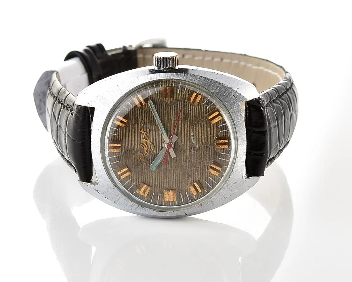 Vintage Soviet Poljot mechanical watch with intricate textured dial