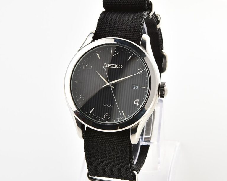 Sleek Sustainability: Seiko Solar Dress Watch with stark black textured dial